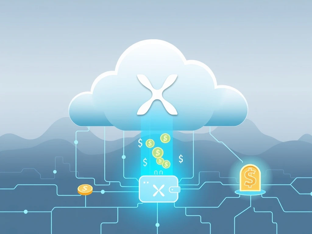 A visual representation of XRP Mining, showing digital coins connecting to a cloud mining platform, symbolizing earning Ripple's digital asset.