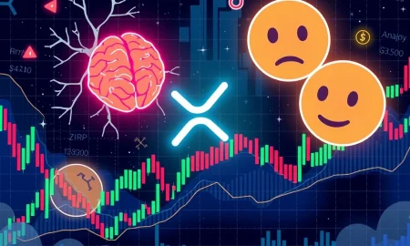 XRP price chart showing reflection effect patterns with investor psychology symbols overlay