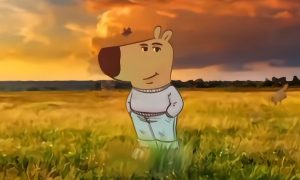 A cartoon capybara-like character in a sweater and pants stands in a field of tall grass at sunset.
