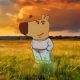 A cartoon capybara-like character in a sweater and pants stands in a field of tall grass at sunset.