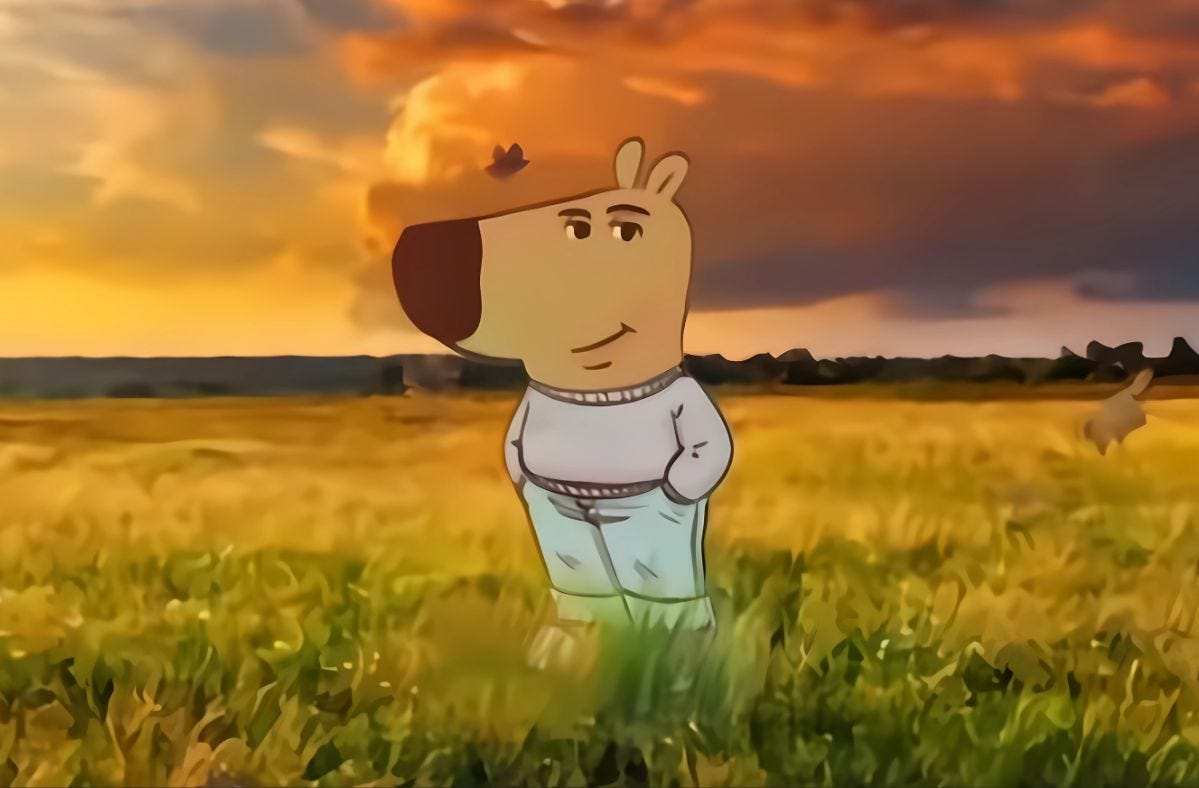 A cartoon capybara-like character in a sweater and pants stands in a field of tall grass at sunset.