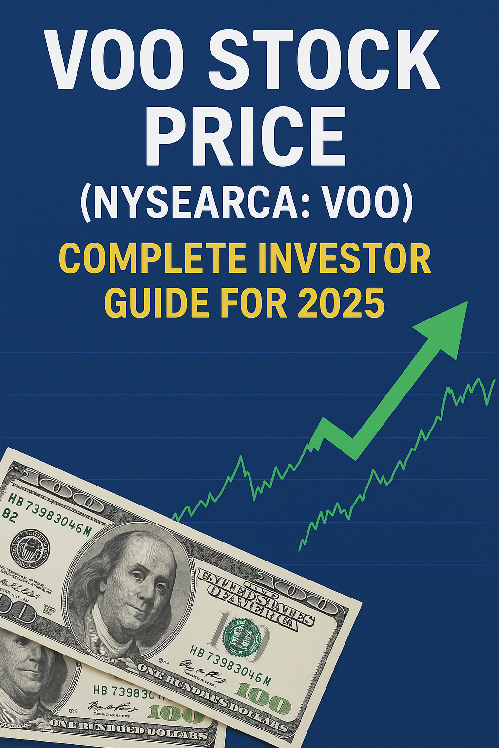 A dark blue background with white text "VOO STOCK PRICE (NYSEARCA: VOO)" and yellow text "COMPLETE INVESTOR GUIDE FOR 2025". Below, a green line graph shows an upward trend, and two one-hundred dollar bills are visible in the bottom left corner.
