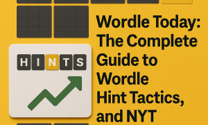 A yellow background with a Wordle grid showing "WORDE" in the first row (W in gray, O, R, D in green, E in gray). Below, a white rectangular card with "HINTS" (H, I, N, T, S with the N being yellow) and an upward green arrow. Text on the right reads "Wordle Today: The Complete Guide to Wordle Hint Tactics, and NYT Wordle Winning Strategies."