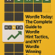 A yellow background with a Wordle grid showing "WORDE" in the first row (W in gray, O, R, D in green, E in gray). Below, a white rectangular card with "HINTS" (H, I, N, T, S with the N being yellow) and an upward green arrow. Text on the right reads "Wordle Today: The Complete Guide to Wordle Hint Tactics, and NYT Wordle Winning Strategies."