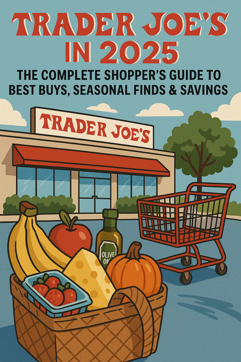 An illustrated guide for "Trader Joe's in 2025" featuring the front of a Trader Joe's store, a shopping cart, and a basket overflowing with groceries like bananas, an apple, olive oil, a pumpkin, strawberries, and cheese, all under a blue sky with clouds.