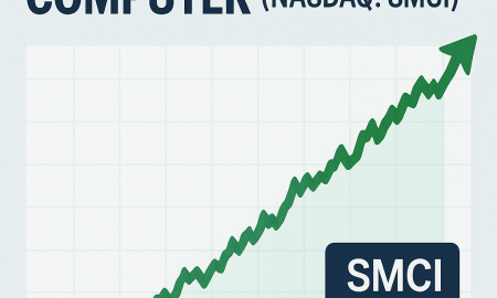 A light blue background with a title reading "SMCI STOCK: 2025 DEEP DIVE ON SUPER MICRO COMPUTER (NASDAQ: SMCI)". Below, a green line graph with an upward trend signifies growth, alongside "SMCI" in a dark blue box and "+15,38%" in a green box.