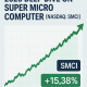 A light blue background with a title reading "SMCI STOCK: 2025 DEEP DIVE ON SUPER MICRO COMPUTER (NASDAQ: SMCI)". Below, a green line graph with an upward trend signifies growth, alongside "SMCI" in a dark blue box and "+15,38%" in a green box.