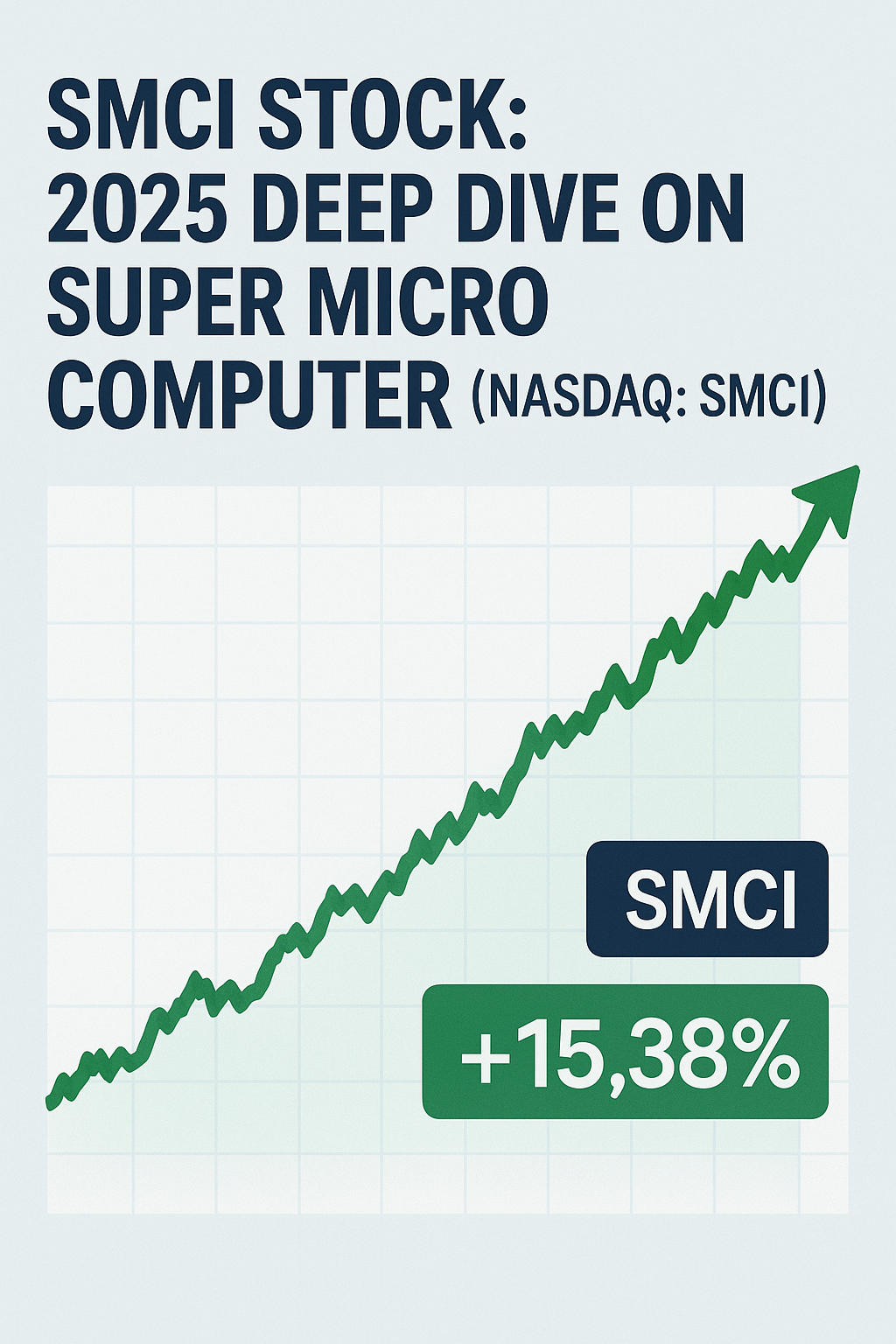 A light blue background with a title reading "SMCI STOCK: 2025 DEEP DIVE ON SUPER MICRO COMPUTER (NASDAQ: SMCI)". Below, a green line graph with an upward trend signifies growth, alongside "SMCI" in a dark blue box and "+15,38%" in a green box.