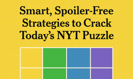 A yellow grid background with "CONNECTIONS" in black text and "HINT" in large green text. Below, black text reads "Smart, Spoiler-Free Strategies to Crack Today's NYT Puzzle." At the bottom, a 4x4 grid displays colored squares: four yellow, four green, three blue, and one purple with an arrow.