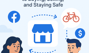 An illustration with "Facebook Marketplace: The Ultimate 2025 Guide to Buying, Selling, and Staying Safe." It shows a woman and a man interacting with their phones, a Facebook logo, a marketplace icon, thought bubbles with a bicycle, a dollar sign, a computer monitor, and a security shield