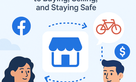 An illustration with "Facebook Marketplace: The Ultimate 2025 Guide to Buying, Selling, and Staying Safe." It shows a woman and a man interacting with their phones, a Facebook logo, a marketplace icon, thought bubbles with a bicycle, a dollar sign, a computer monitor, and a security shield