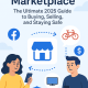 An illustration with "Facebook Marketplace: The Ultimate 2025 Guide to Buying, Selling, and Staying Safe." It shows a woman and a man interacting with their phones, a Facebook logo, a marketplace icon, thought bubbles with a bicycle, a dollar sign, a computer monitor, and a security shield