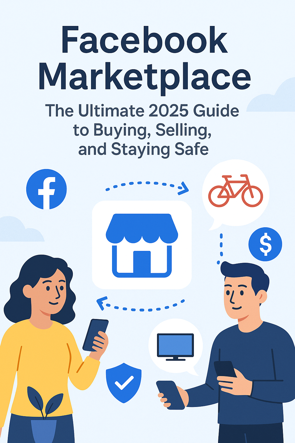 An illustration with "Facebook Marketplace: The Ultimate 2025 Guide to Buying, Selling, and Staying Safe." It shows a woman and a man interacting with their phones, a Facebook logo, a marketplace icon, thought bubbles with a bicycle, a dollar sign, a computer monitor, and a security shield