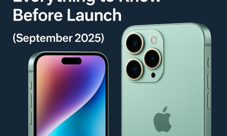 A dark blue background with white text "iPhone 17 Release Date, Specs, Design, Cameras, and Price Everything to Know Before Launch (September 2025)". Two mint green iPhones are shown, one displaying a colorful screen from the front and the other revealing its triple camera setup and Apple logo from the back.