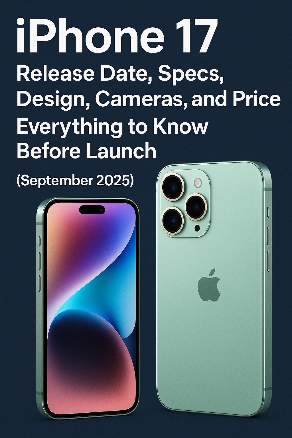 A dark blue background with white text "iPhone 17 Release Date, Specs, Design, Cameras, and Price Everything to Know Before Launch (September 2025)". Two mint green iPhones are shown, one displaying a colorful screen from the front and the other revealing its triple camera setup and Apple logo from the back.