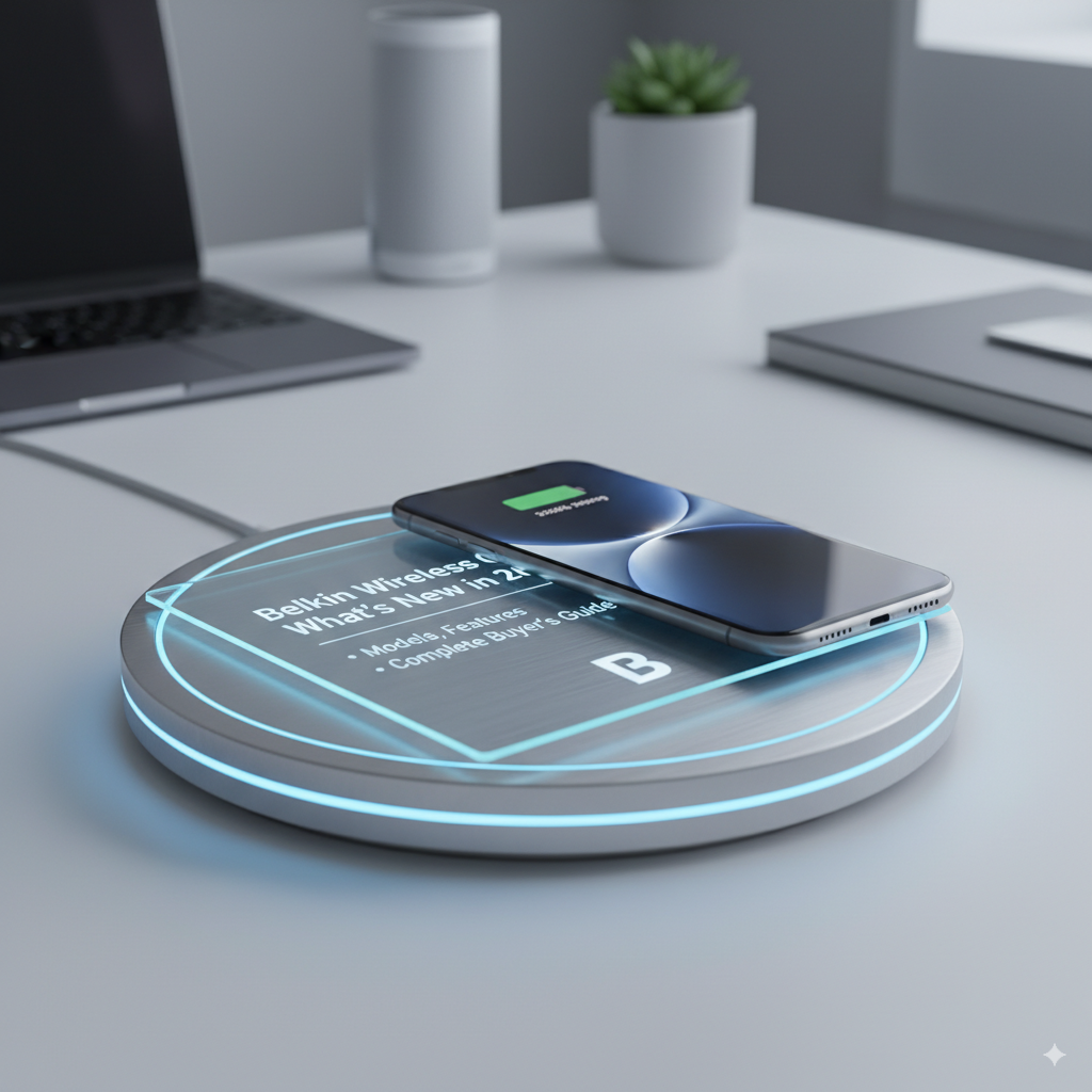 A smartphone charging wirelessly on a circular Belkin pad with a glowing blue light, on a modern desk with a laptop, speaker, and plant in the background.