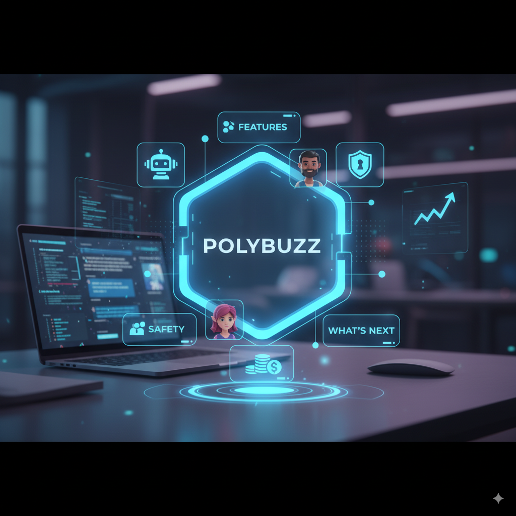 A laptop displaying a futuristic holographic interface with a glowing "POLYBUZZ" hexagon at its center, surrounded by icons for features, safety, and future plans.