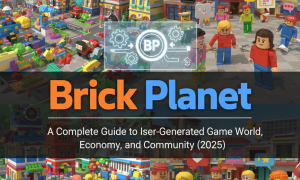 A colorful, block-built city with Lego-style minifigure characters and the title "Brick Planet."