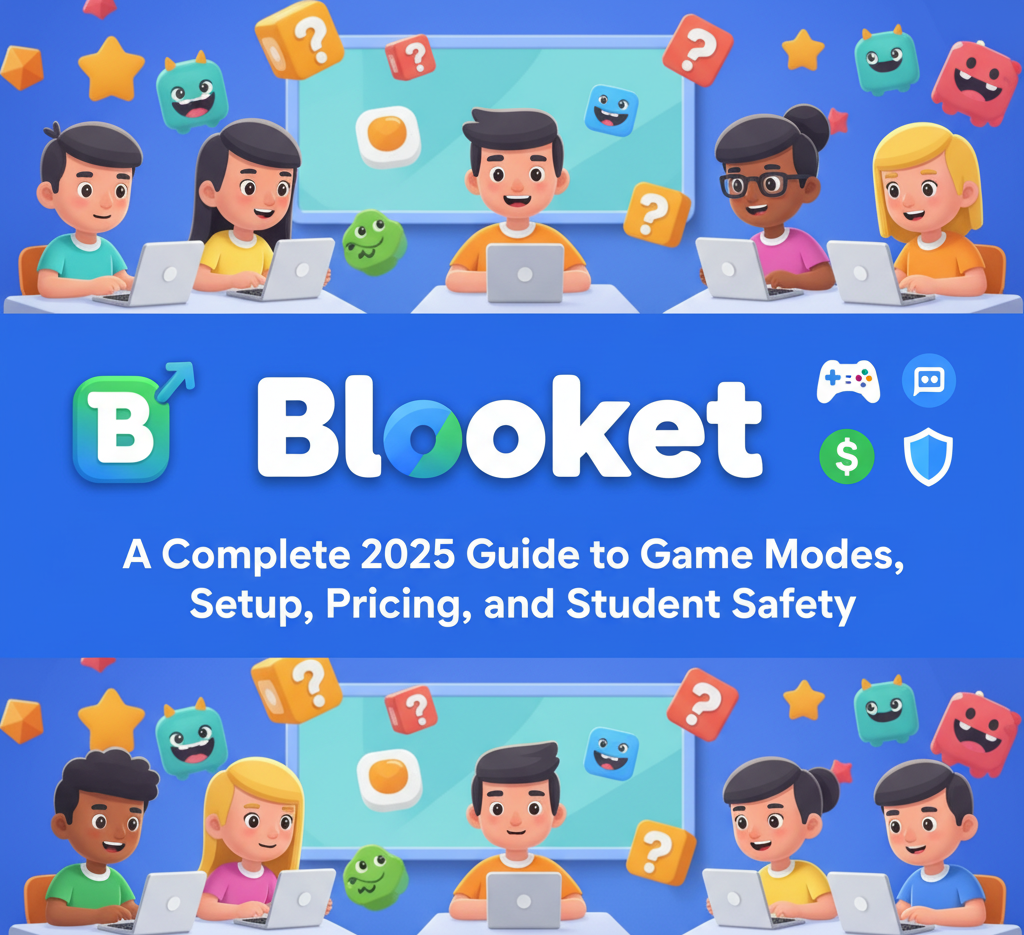 Children using laptops with game elements, featuring the Blooket logo and the title "A Complete 2025 Guide to Game Modes, Setup, Pricing, and Student Safety."
