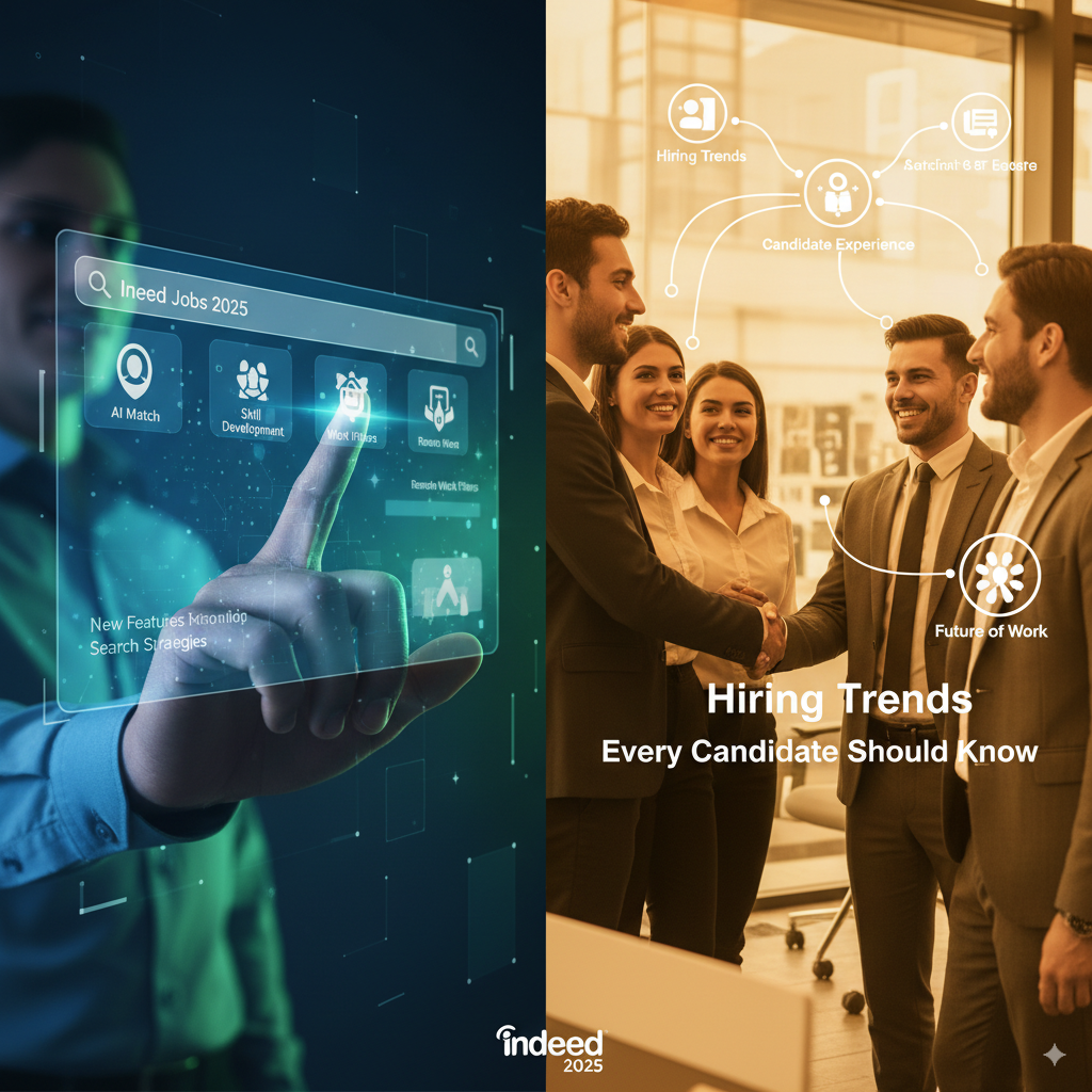 A split image showing a person interacting with a holographic "Ineed Jobs 2025" interface on the left, and four business professionals shaking hands with a "Hiring Trends" overlay on the right.