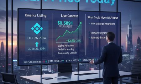 A man in a suit stands in a modern office looking at a large screen displaying "WLFI Price Today" with cryptocurrency market data, including price trends and potential future movers.