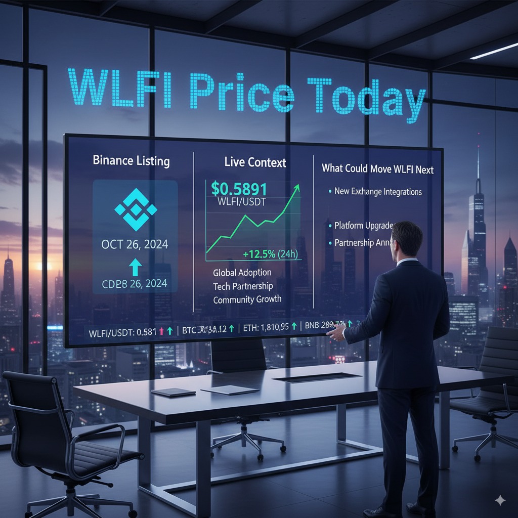 A man in a suit stands in a modern office looking at a large screen displaying "WLFI Price Today" with cryptocurrency market data, including price trends and potential future movers.