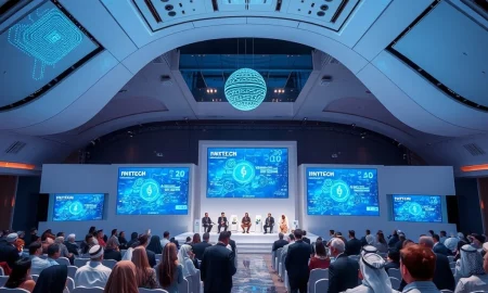 Global financial leaders at Abu Dhabi Fintech Revolution Summit discussing digital transformation and blockchain innovation