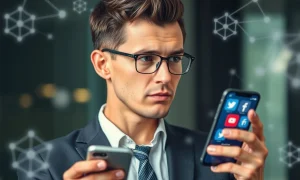 Business professional analyzing addictive algorithms on smartphone for ethical marketing strategy