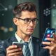 Business professional analyzing addictive algorithms on smartphone for ethical marketing strategy
