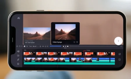 Adobe Premiere iPhone app showing professional video editing interface with timeline and AI tools