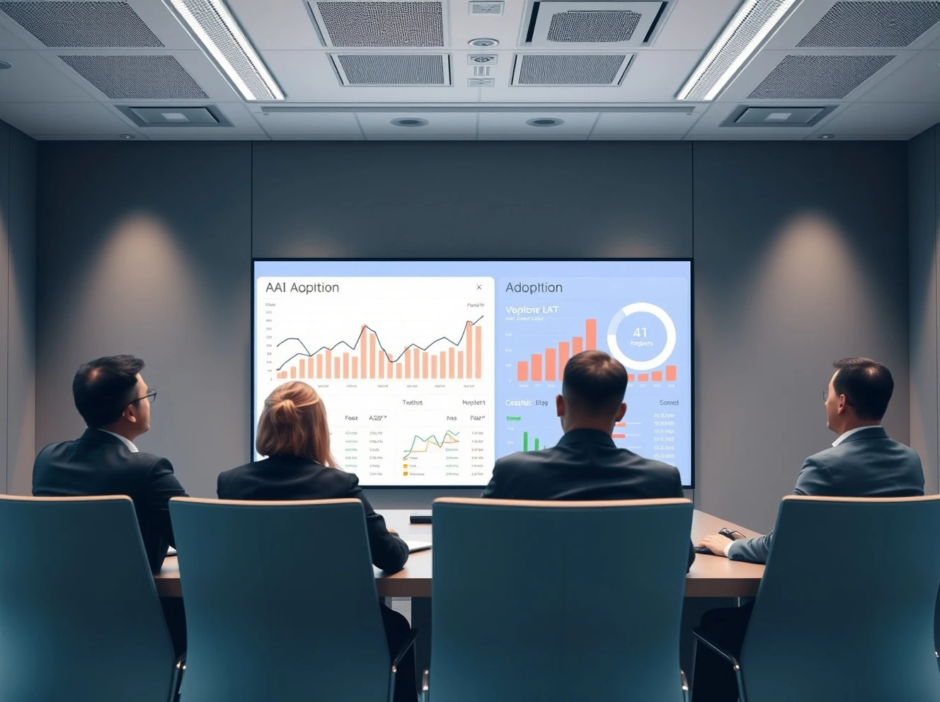 Corporate executives analyzing AI adoption data dashboard showing declining enterprise implementation trends