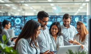 Professionals developing essential AI career skills through collaborative technology integration