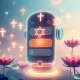 AI chatbot providing spiritual guidance through digital interface with religious symbols