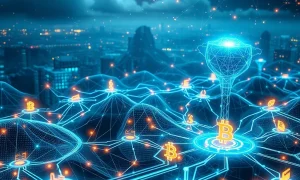 AI crypto infrastructure integration showing neural networks securing blockchain compliance systems