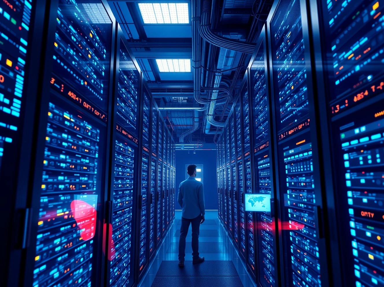Massive AI data centers powering the artificial intelligence revolution with advanced computing infrastructure