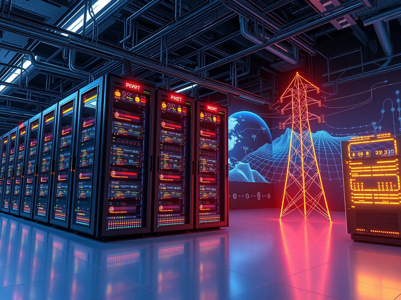 AI data centers consuming massive electricity with global power grid connections and energy consumption metrics