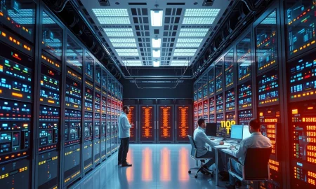 Modern AI data centre facility powering UK's artificial intelligence infrastructure with advanced computing technology