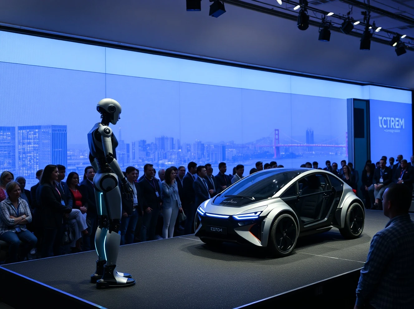 AI hardware demonstration featuring autonomous vehicles and humanoid robots at StockPil Disrupt 2025 conference