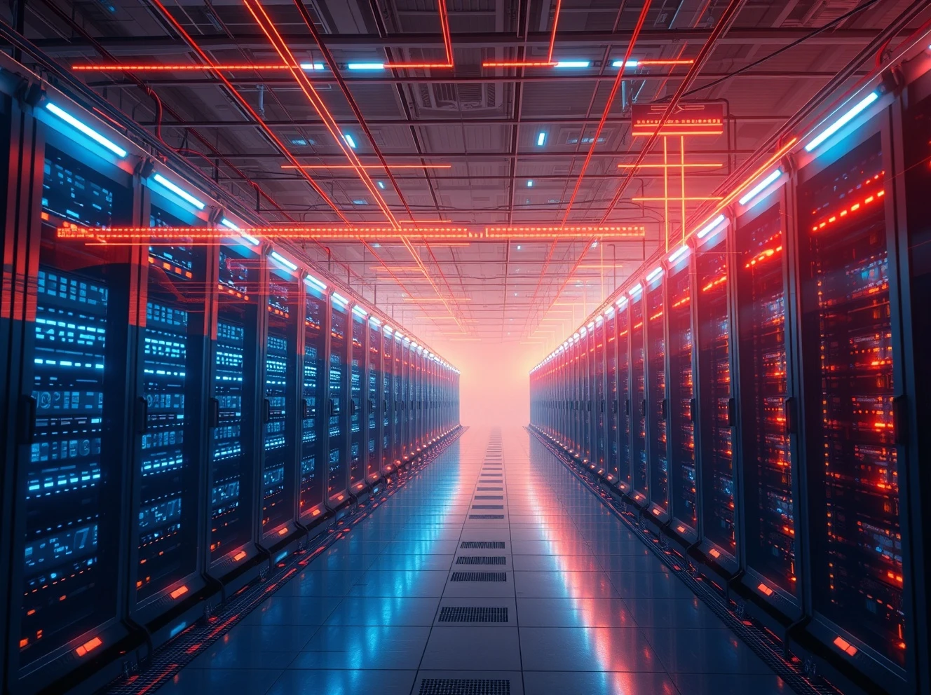 Massive AI infrastructure powering the artificial intelligence revolution with data centers and cloud networks