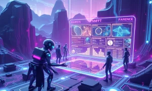 AI-powered NFT marketplace interface showing intelligent digital assets trading on blockchain network