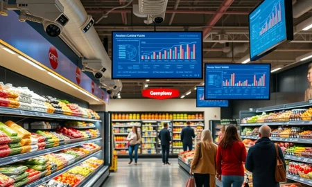 AI theft prevention system monitoring grocery store aisles for security and loss prevention