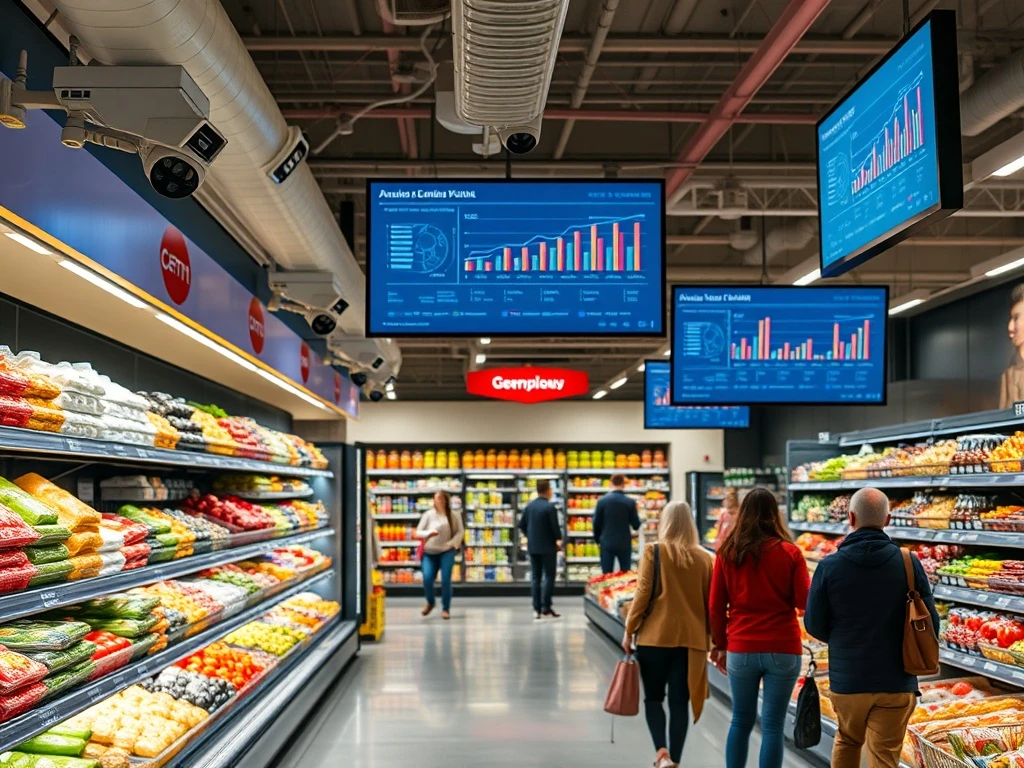 AI theft prevention system monitoring grocery store aisles for security and loss prevention
