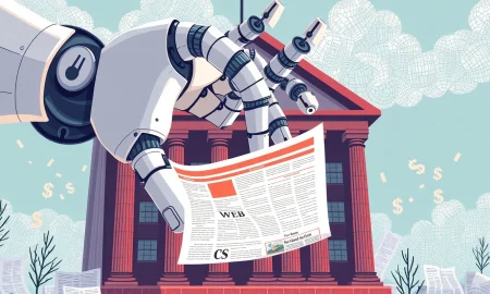 AI threat to publishers illustrated by robotic hands consuming digital content while traditional media buildings crumble