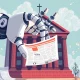 AI threat to publishers illustrated by robotic hands consuming digital content while traditional media buildings crumble