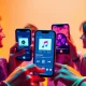 Airbuds social music app interface showing real-time music sharing between friends on mobile devices