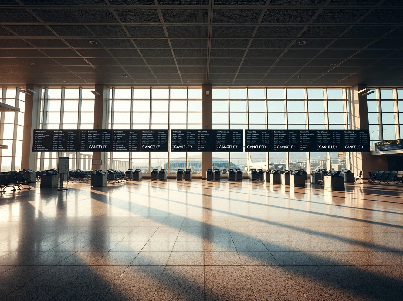 Airline flight cancellation crisis showing empty airport terminal with all flights cancelled