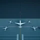 Airline flight cancellations cause empty airport tarmac with grounded planes during operational shutdown