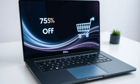 A modern Dell touchscreen laptop displaying a 75% off sale, symbolizing massive savings on this high-performance device available on Amazon.