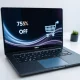 A modern Dell touchscreen laptop displaying a 75% off sale, symbolizing massive savings on this high-performance device available on Amazon.
