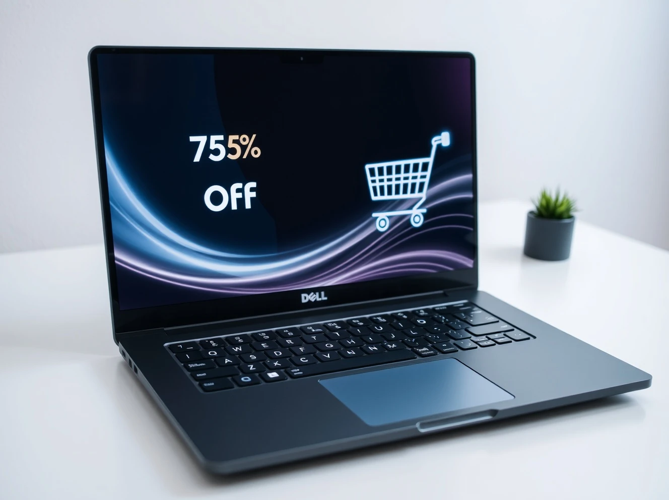 A modern Dell touchscreen laptop displaying a 75% off sale, symbolizing massive savings on this high-performance device available on Amazon.